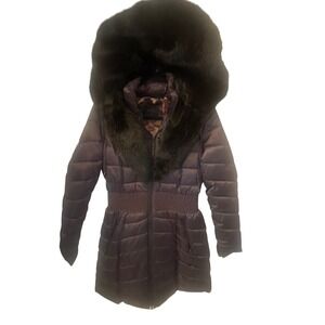 Laundry by Shelli Segal Puffer Coat Faux Fur Hooded Belted. Med. Color Charcoal
